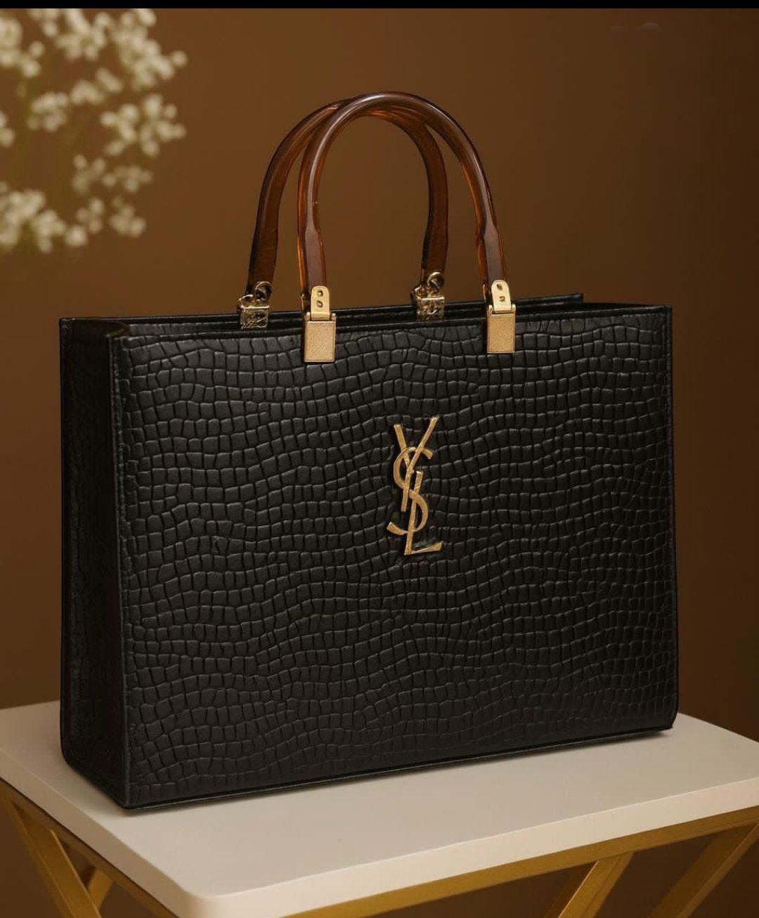 YSL Inspired Croc-Textured Black Leather Tote Bag